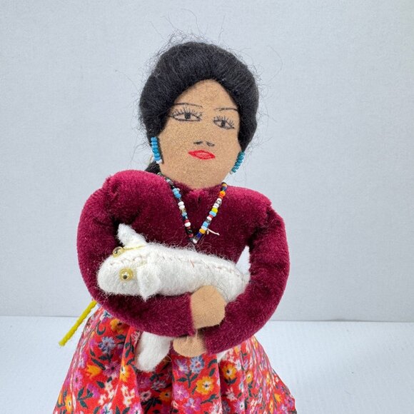 Vintage Fabric Cloth Doll Holding Lamb Southwest Decor Handmade Folk Art - Picture 2 of 11